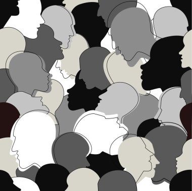 Seamless pattern of a crowd of many different people profile heads from diverse ethnic. Vector background.