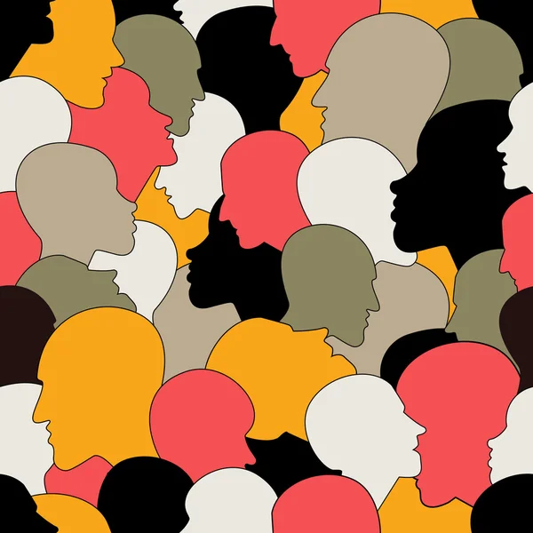 Patrón sin fisuras de una multitud de muchas personas diferentes cabezas de perfil de diversas etnias. Fondo vectorial. — Archivo Imágenes Vectoriales