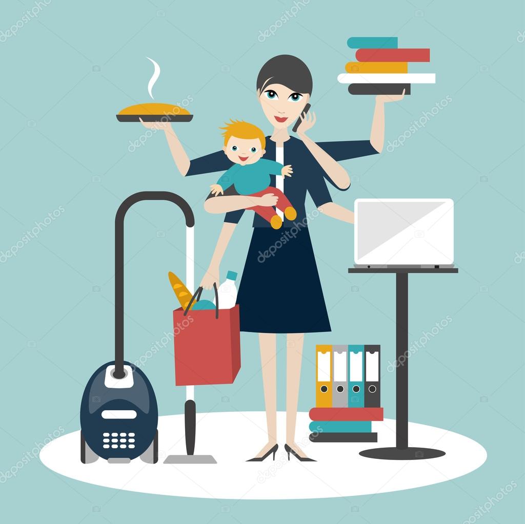 Multitask woman. Mother, businesswoman with baby working, coocking and calling.