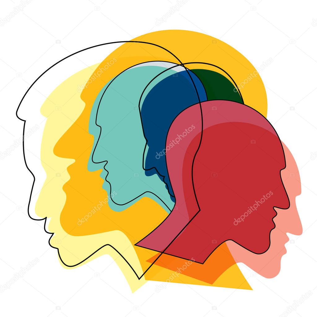 People prophile heads. Schizophrenia concept, symbol of depresion, dementia. Vector ilustration. 