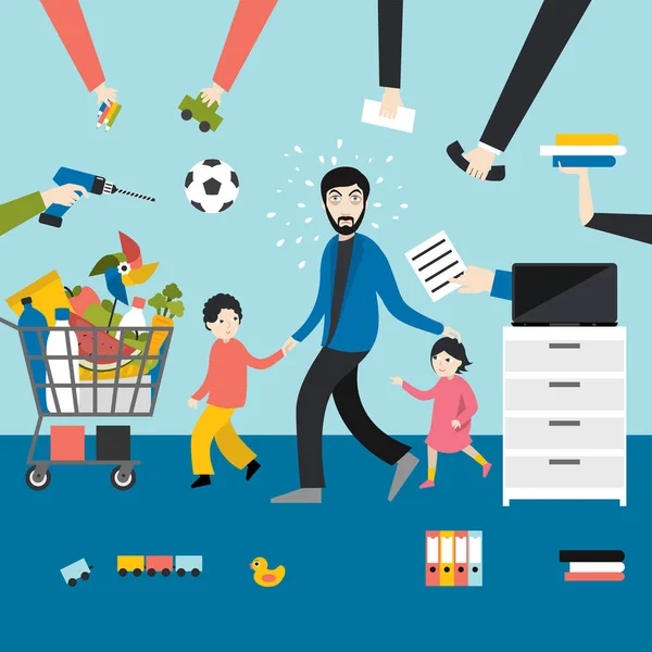 Homme Multitâche Père Homme Affaires Avec Enfants Travailler Faire Shopping — Image vectorielle