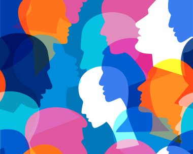 İnsanlar kafa profili çıkarır. Bir sürü farklı insanın kafalarını gösteren kusursuz bir şablon. Vektör arkaplanı.