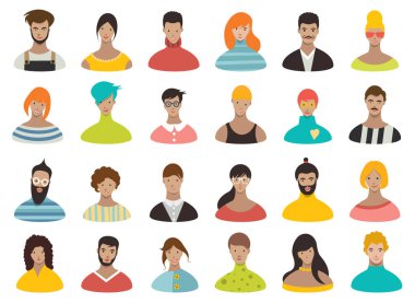 Dişi bir erkek avatar kafası. Çeşitli kadın ve erkek yüzleri. Vektör.  