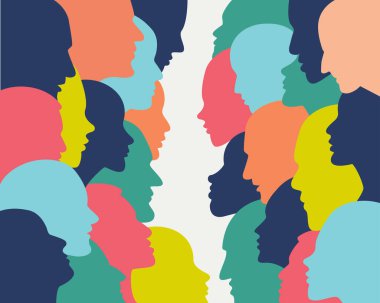 İnsanlar diyaloglarda kafaların profilini çıkarır. Vektör arkaplanı.