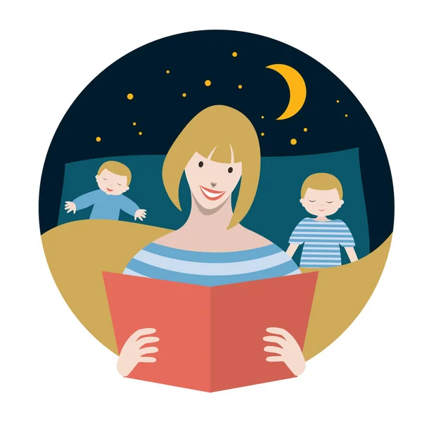 Mother Reading Fairytale Book Her Sons Evening Bedtime Vector Illustration — Stock Vector