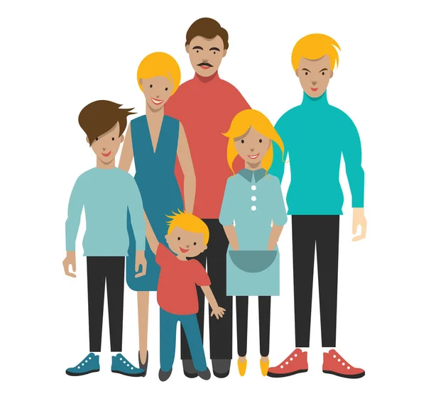 Una Gran Familia Con Cuatro Hijos Madre Padre Hijos Figuras — Vector de stock