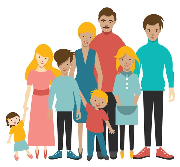 Una Gran Familia Con Seis Hijos Madre Padre Hijos Figuras — Vector de stock