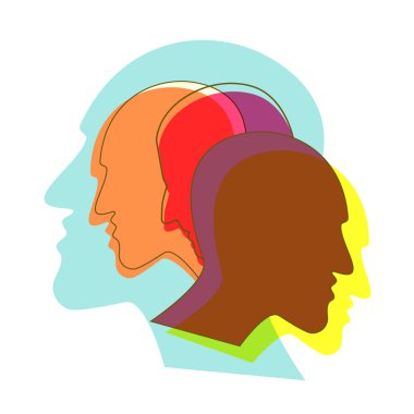 İnsanlar kafaları önceden haber verir. Şizofreni konsepti, çöküntünün sembolü, bunama. Vektör ilüstrasyonu. 