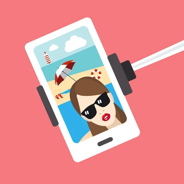 Meisje selfie foto. selfie instellen vector beach achtergrond. — Stockvector