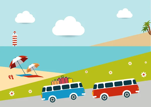 Verão ilustrado fundo. Paisagem oceânica com ônibus retro . — Vetor de Stock