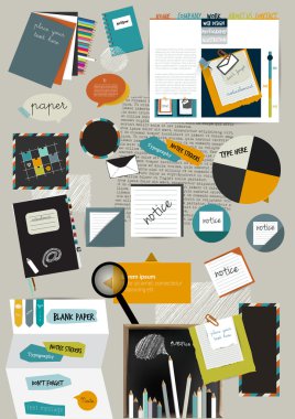 İş office web düzeni. Renkli düz grafik şablonu. Klasör, etiket, grafik, sekmesi, veri, kabarcıklar küme. Vektör arka plan.