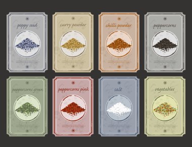 Retro vintage baharat ve gıda depolama etiketleri. Vektör düz eski moda görgü toplama.