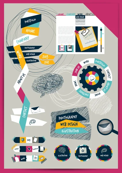 Diseño web de oficina de trabajo. Plantilla gráfica plana colorida. Carpeta, pegatina, gráfico, ficha, datos, conjunto de burbujas. Fondo vectorial . — Archivo Imágenes Vectoriales