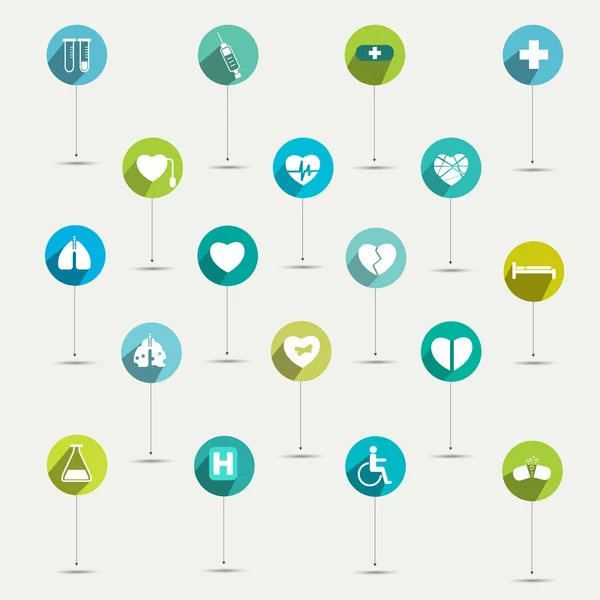 Simplemente minimalista hospital plano y símbolo médico conjunto de iconos. Sombras de colores pictogramas . — Archivo Imágenes Vectoriales