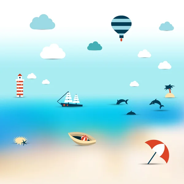 Playa de sol de verano. Concepto de colección de iconos sobre fondo borroso . — Vector de stock