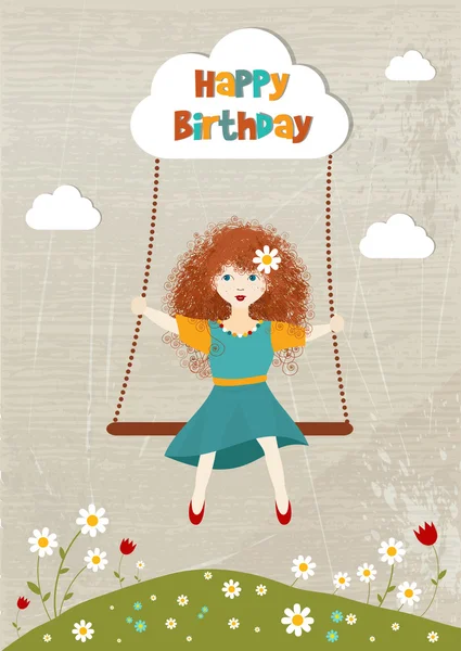 Little curly redhead girl on a swing. Vector birthday illustration. Card with girl swinging. — Stock Vector