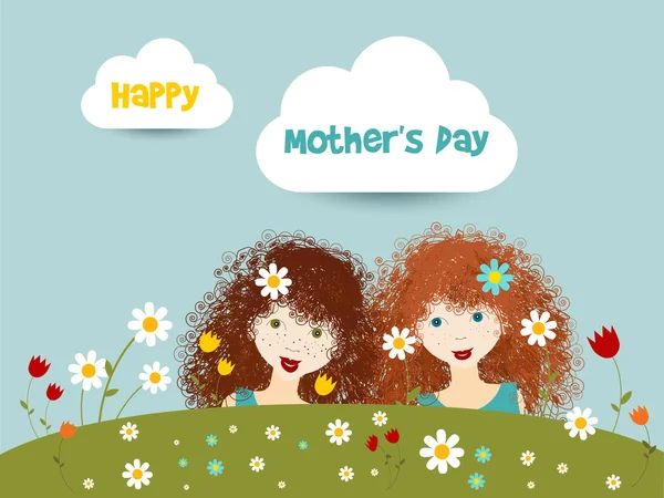 Happy mothers day concept. Two cute curly red hair little sister in flower garden. Vector illustration. — Stock Vector