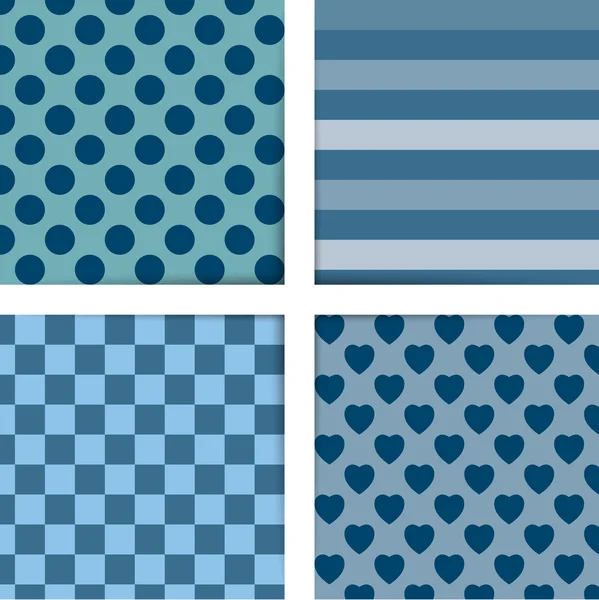 Set of four simply flat geometric patterns. Seamless blue background. — Stock Vector