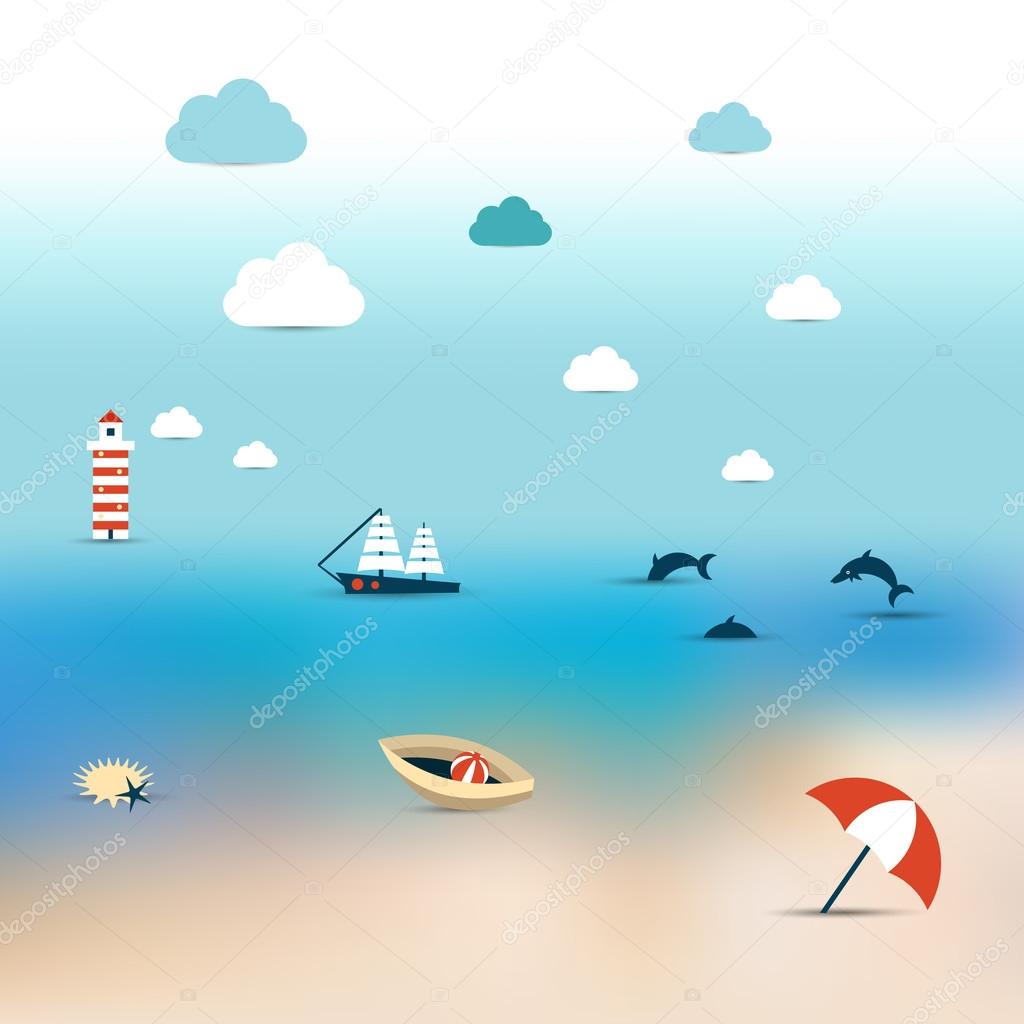 Summer sun beach. Icon collection concept on blur background.