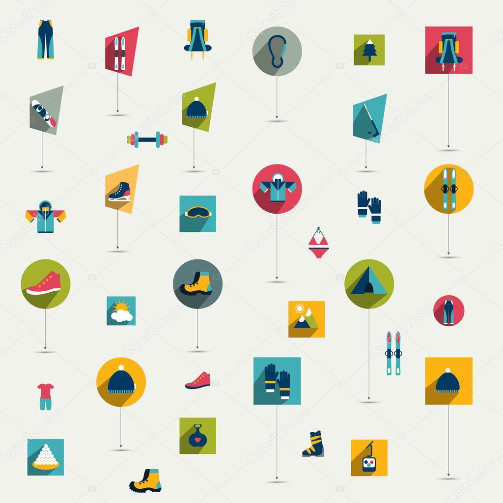 Winter sport and hiking flat icon collection. Vector colorful set.