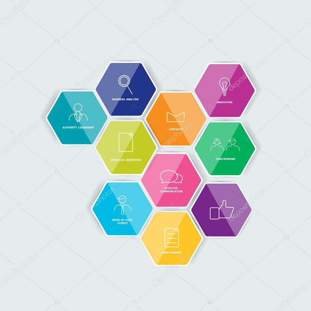 Set of lined icon. Hexagonal template. Vector.