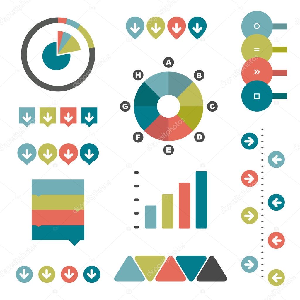 Infographic set of flat diagrams, speech bubbles, ribbons and web buttons. Vector.