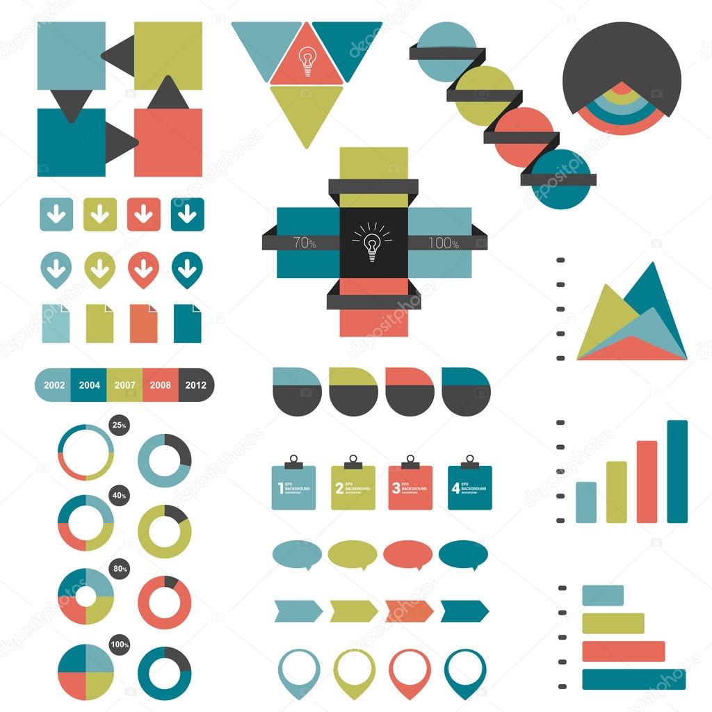 Infographic set of flat diagrams, speech bubbles, ribbons and web buttons. Vector.