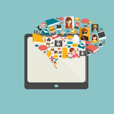 Küresel iletişim. Sosyal medya illüstrasyon. Düz kavramı. Vektör.