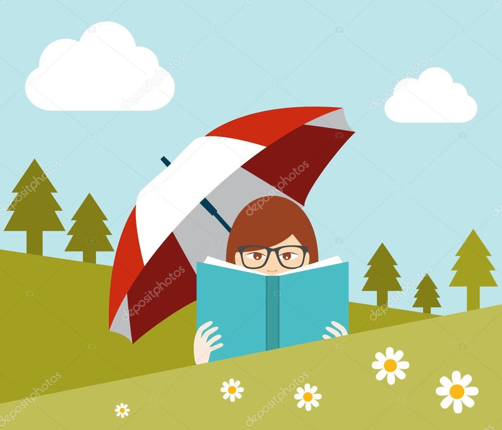 Girl reading a book near the forest. Flat vector.
