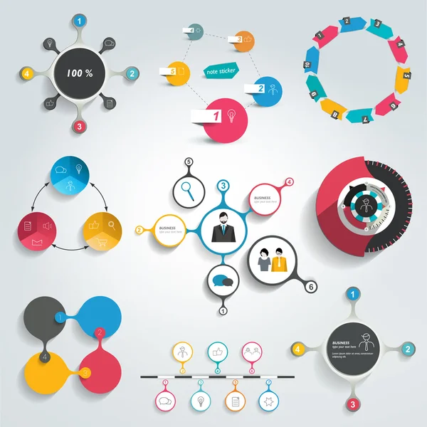 Colección de coloridos diagramas gráficos de información redonda. Esquemas de círculo . — Vector de stock