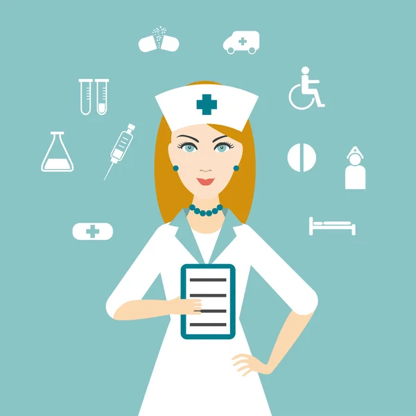 Enfermera con iconos médicos. Diseño plano . — Vector de stock