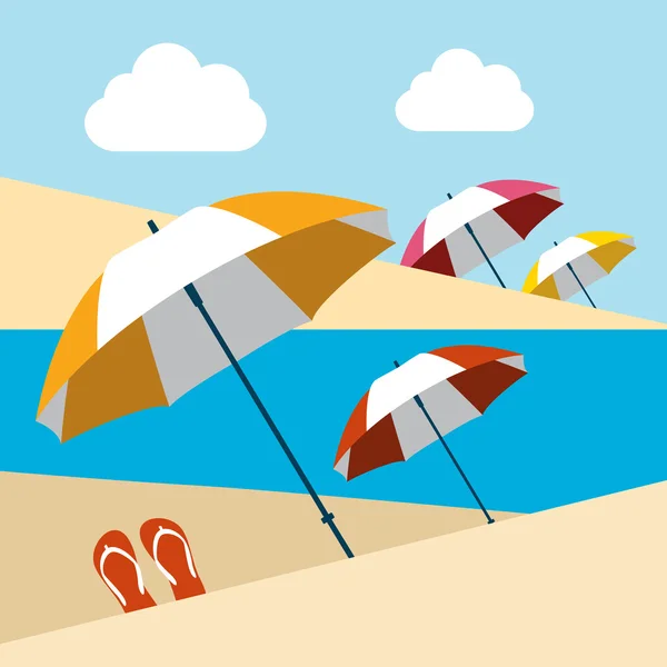 Playa de verano con sombrillas. Diseño plano . — Vector de stock