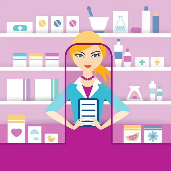 Young blonde pharmacy chemist girl standing in drugstore. Flat vector. — Stock Vector