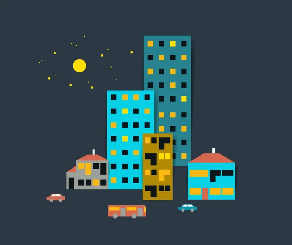 Silueta de calle de ciudad nocturna. Diseño plano. Vector . — Vector de stock