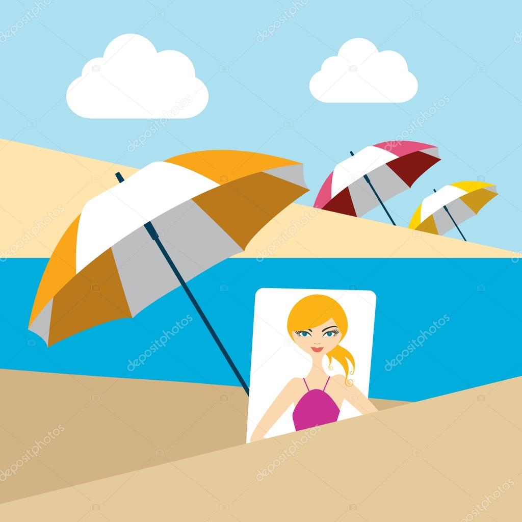 Woman on summer beach. Flat design.