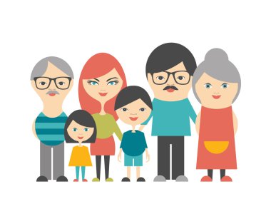 Multi generation family. Parents, children and grandparents. Flat design.