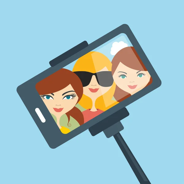 Selfie set photo illustration. Young girls making self portrait. Vector. — Stock Vector