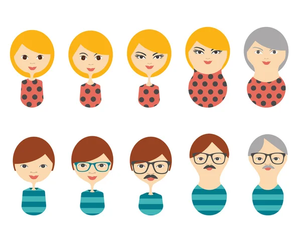 Profile heads. Men, woman aging. Generation growing up icon. Men, woman of all ages period. — Stock Vector