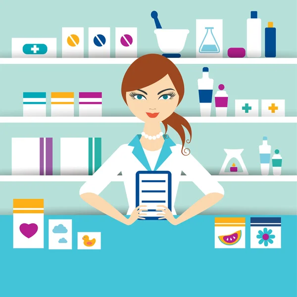 Joven farmacia química de pie en la farmacia. Vector plano . — Vector de stock