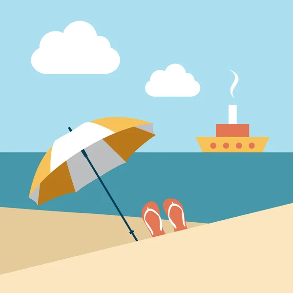 Playa de verano plana. Un barco con paraguas. Vector . — Vector de stock