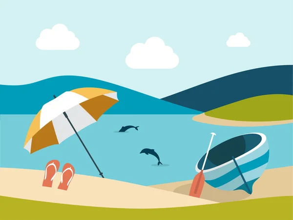 Flat summer beach. Umbrella wit boat. Vector. — Stock Vector