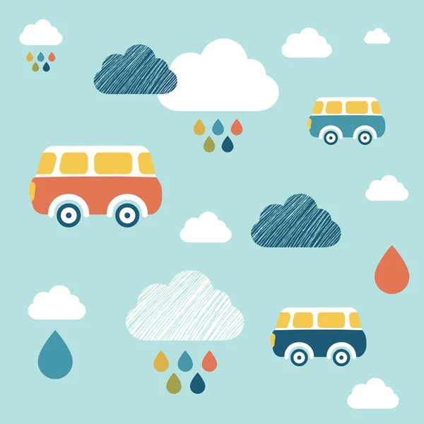 Kids wall paper pattern. Colored buses and clouds. — Stock Vector
