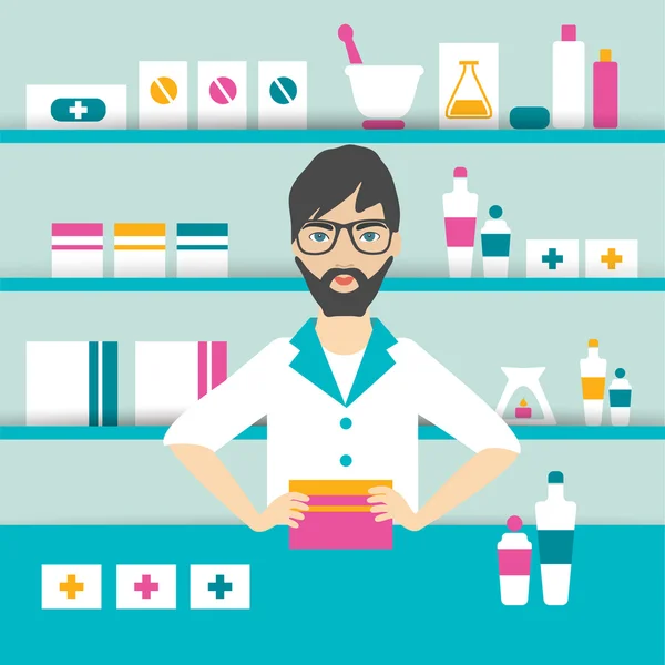 Jeune pharmacien chimiste debout dans une pharmacie. Vecteur plat . — Image vectorielle