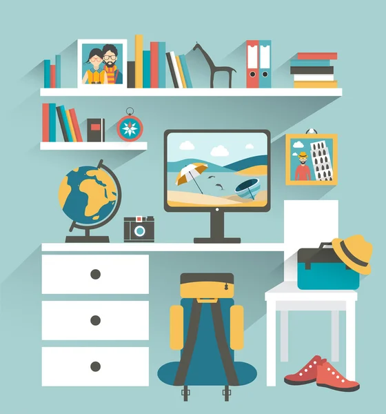 Office workplace with computer and book shelves. Traveler office. Flat design vector illustration. — Stock Vector