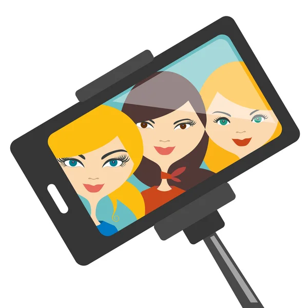 Illustration of three young girls making selfie photo. Vector. — Stock Vector