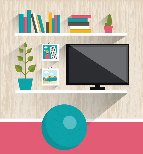 Interno del soggiorno. Scaffali TV e libri. Illustrazione vettoriale di design piatto . — Vettoriale Stock