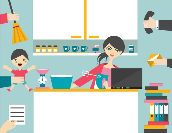 Busy multitask woman, mother managing her work with smile. — Stock Vector