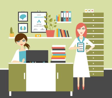 Woman doctor and nurse office workplace. Flat vector illustration. clipart