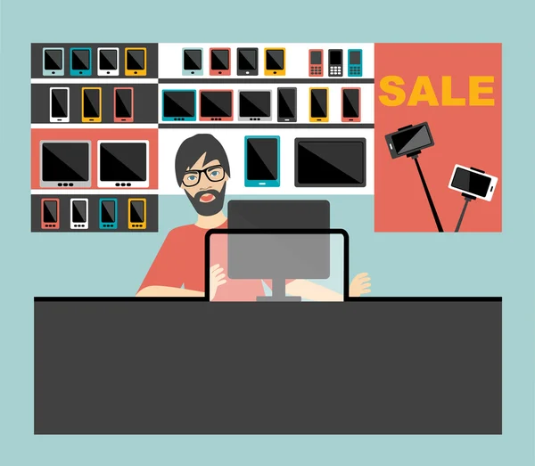 Electronic salesman in the supermarket. Flat design. — Stock Vector