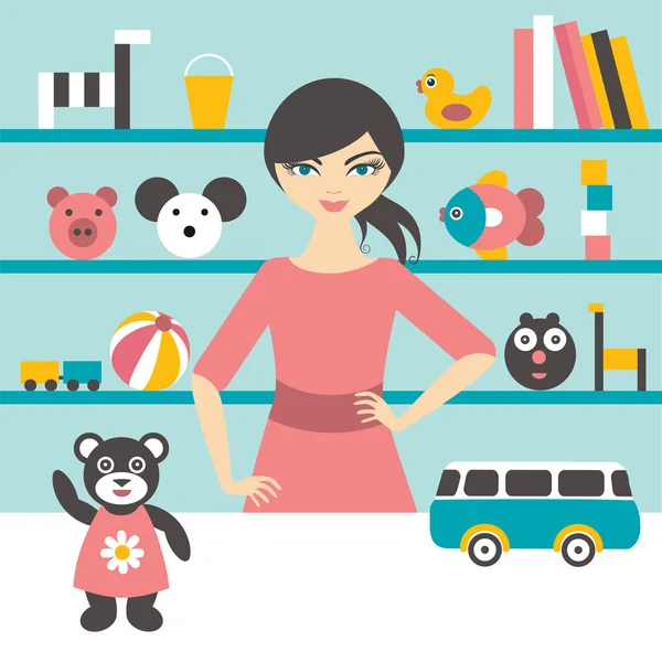 Toy stores sales woman. Flat design. — Stock Vector